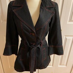 Women's Black Denim Jacket with Red Stitching